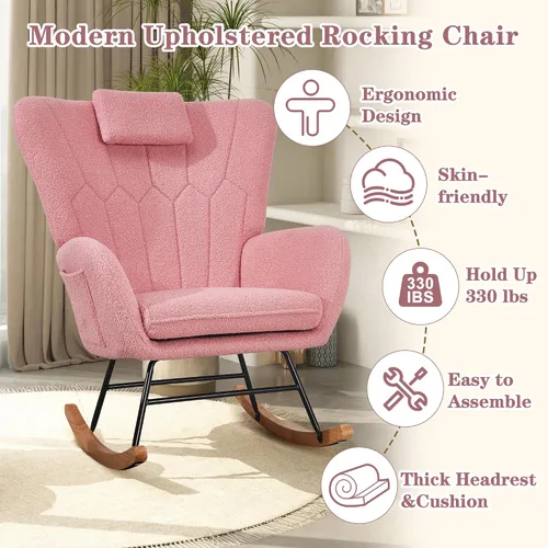 Miniatura 4 de VECELO Mecedora para guardería con reposacabezas grueso, moderno sillón tapizado de lectura con respaldo alto, asiento acolchado, bolsillo lateral