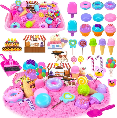 Cubo sensorial, juego de arena para helados con juguete de arena mágica para niños, moldes de juguetes de helado y herramientas de limpieza, caja de