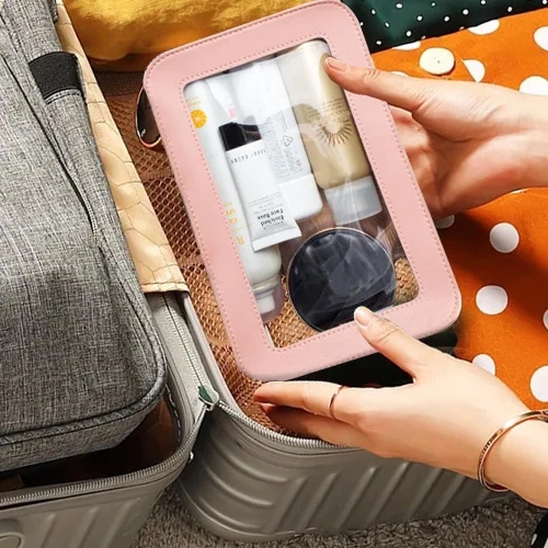 Miniatura 7 de Bolsa de maquillaje transparente pequeña, aprobada por la TSA, bolsa de aseo portátil con cremallera, bolsa de viaje para cosméticos, estuche Rosa