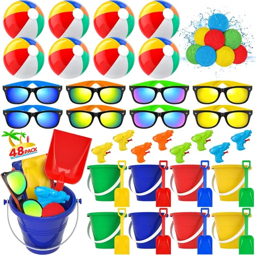 Recuerdos de fiesta en la piscina - 48 juguetes de piscina para niños de 3 a 8 años, bolas de playa a granel, cubo de arena y palas, gafas de sol 48