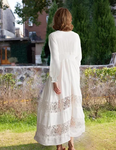 Miniatura 40 de Vestido largo de encaje para mujer de manga corta y cuello en V, vestido de fiesta estilo bohemio con cintura fruncida, vestido bohemio para mujer
