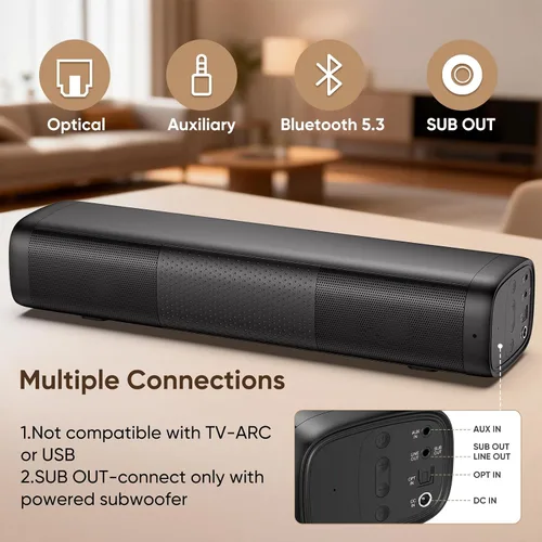 Miniatura 3 de Saiyin Barra de sonido para Smart TV, barra de sonido de 11.7 pulgadas con entradas Bluetooth 5.3/ópticas/auxiliares, tamaño pequeño y gran