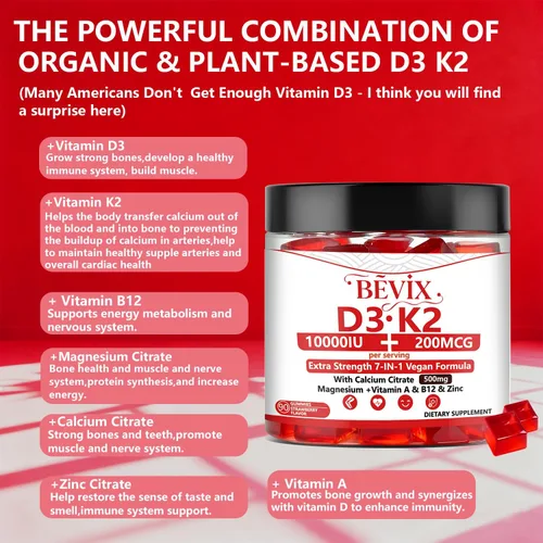 Miniatura 5 de Gomitas de vitamina D3 K2, sin azúcar, veganas, extra fuertes, con calcio y magnesio y zinc, para apoyo inmunológico, dientes óseos, salud