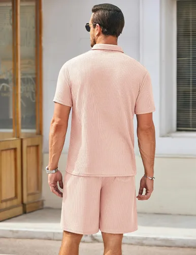 Miniatura 24 de COOFANDY Conjunto de camisa polo y pantalones cortos de punto gofre para hombre, conjunto de 2 piezas, traje de verano casual con bolsillos