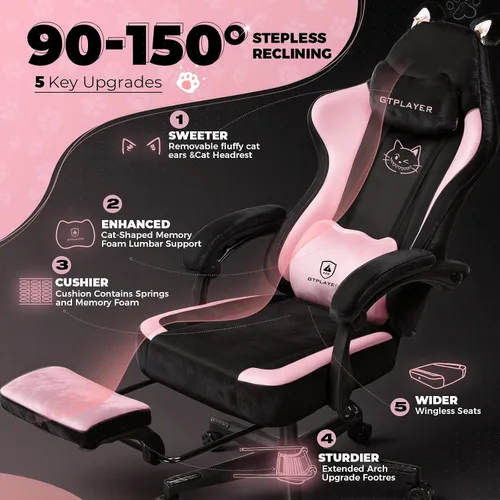 Miniatura 5 de GTPOFFICE Linda silla de juegos con orejas de gato, silla ergonómica de computadora con reposapiés, soporte lumbar de pata de gato, cómoda silla