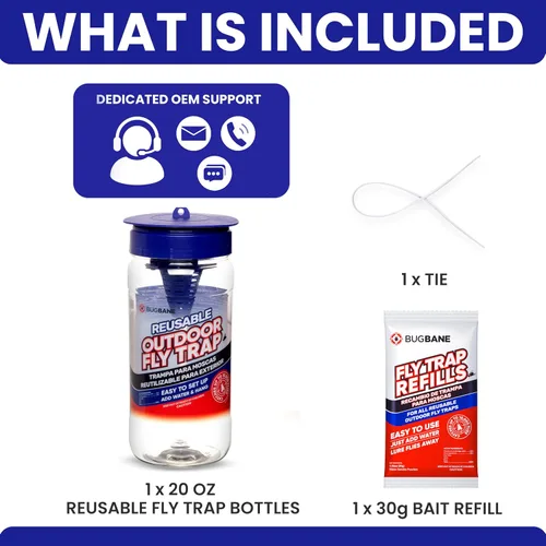 Miniatura 7 de Trampa para moscas para exteriores para patio con 2 recambios de cebo solubles no tóxicos. Reutilizable para colgar insectos para todas las moscas