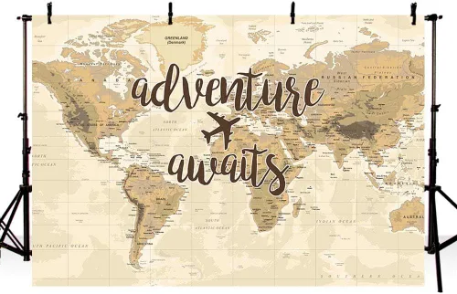 Adventure Awaits Travel Boy Baby Shower Decoraciones de fiesta telón de fondo vintage del mundo mapa mundial alrededor del mundo, fotografía de