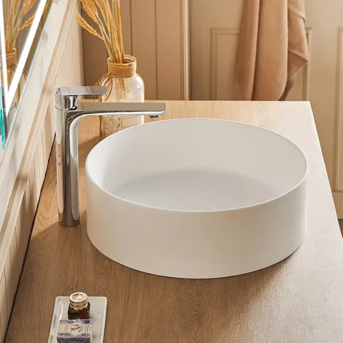 Miniatura 3 de Cpingao Lavabo de Recipiente Redondo de Baño de 17.7 Pulgadas, Lavabo Circular Sobre Encimera de Piedra Mate Moderno Lavabo de Arte para Gabinete