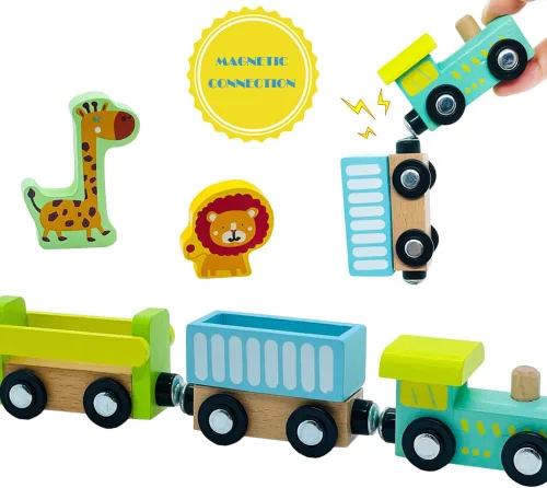Miniatura 3 de Juego de trenes de madera con grúa, juguetes de tren magnético para pistas de tren de madera, conjuntos de trenes para niños de 3 años en adelante