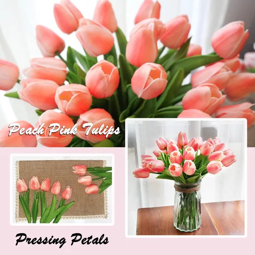 Miniatura 6 de KOILLUXU Flores artificiales, 30 ramos de tulipanes de tacto real de 14 pulgadas de alto, tulipanes falsos de poliuretano rosa melocotón
