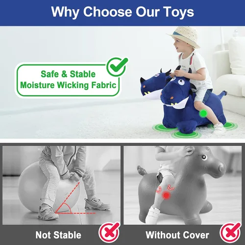 Miniatura 4 de iPlay, iLearn juguetes de animales saltarines para niños pequeños, caballo saltarín de felpa azul, dragón inflable para montar con bomba, saltarín