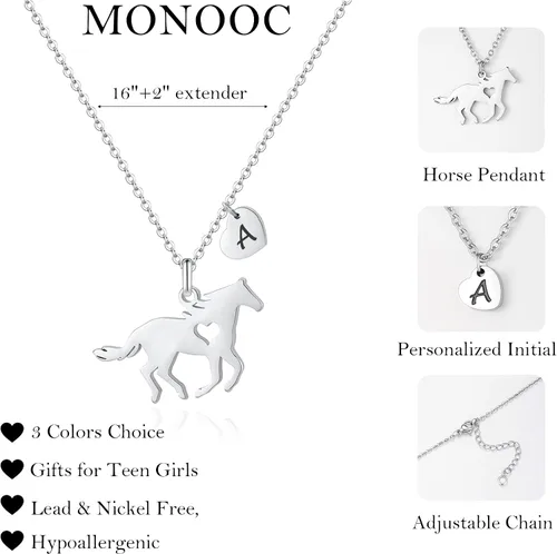 Miniatura 9 de MONOOC Collar de regalo para niñas con colgante de caballo - Collar de caballo delicado de acero inoxidable con corazón, 26 iniciales de la A a la Z