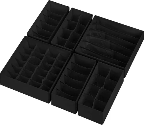 Miniatura 8 de Paquete de 6 organizadores de cajones para separar ropa interior y calcetines, con 58 celdas, organizadores de armario plegables de tela y Negro