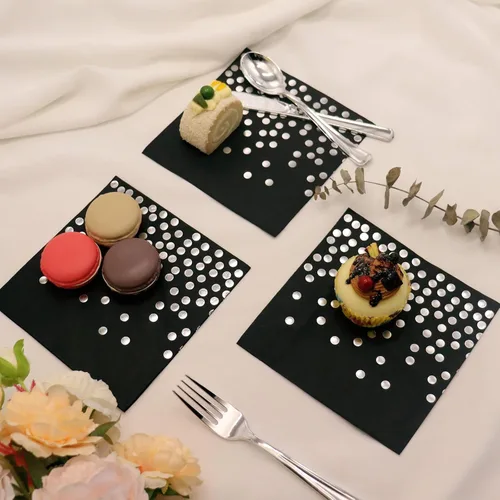 Miniatura 6 de Paquete de 100 servilletas de cóctel desechables color negro y plateado para fiesta de cumpleaños, boda, aniversario