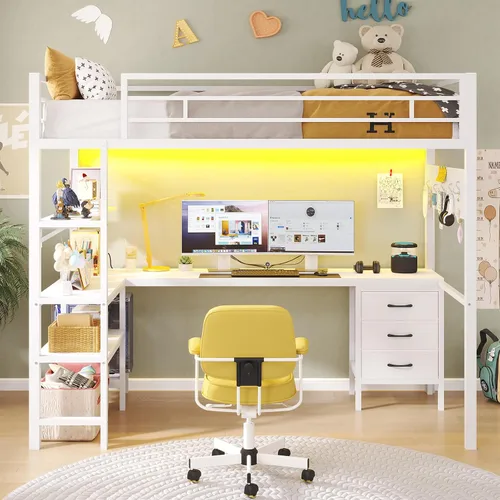 Miniatura 8 de ADORNEVE - Cama alta de tamaño individual con escritorio en forma de L, luces LED, estación de carga, cama alta de metal de tamaño individual