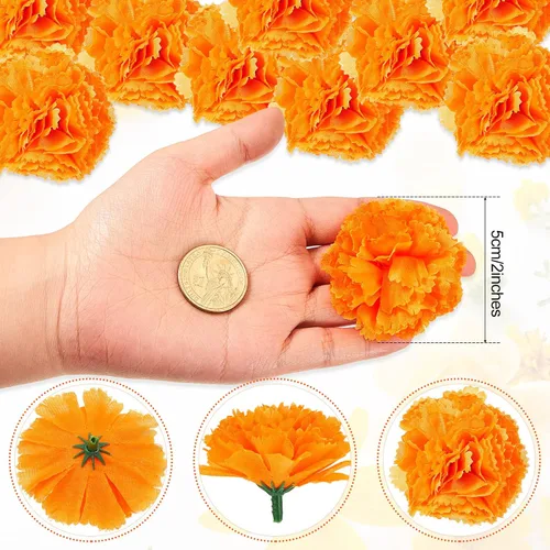 Miniatura 2 de Juexica 100 piezas de flores artificiales de caléndula de caléndula con cabeza de guirnalda de seda, flores artificiales de crisantemo con tallos