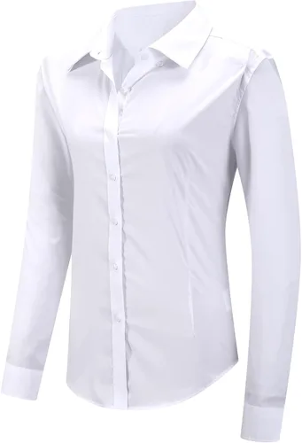 Miniatura 9 de MGWDT Camisa de trabajo con botones para mujer, ajustada, resistente a las arrugas, manga larga/corta, elástica, ligera