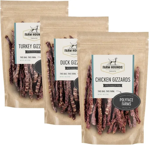 Farm Hounds - Paquete de mollejas - Carne seca premium de pollo, pato y pavo para perros - de aves criadas 100% humanitariamente - Rompe para tamaño