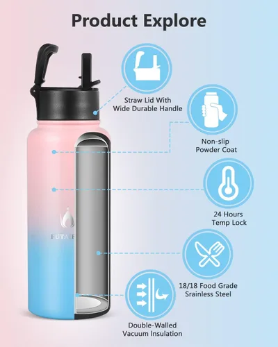 Miniatura 2 de Botella de agua aislada con tapa de pajilla, botella de agua deportiva aislada al vacío de 32 onzas, doble pared sin BPA, termo a prueba de sudor
