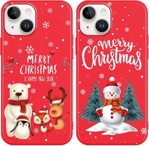 Miniatura 16 de Paquete de 2 bonitas fundas de Navidad para iPhone de 13/14 pulgadas, diseño de muñeco de nieve rojo, diseño de animales de Feliz Navidad, silicona