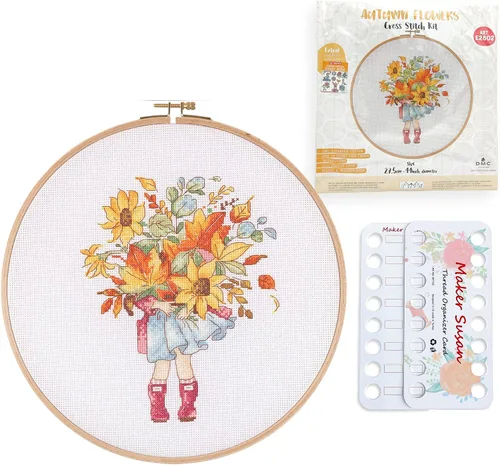 Maker Susan Kits de punto de cruz con patrón de flores de otoño para adultos y principiantes con aro de madera, tela DMC, hilos y agujas, tarjetas