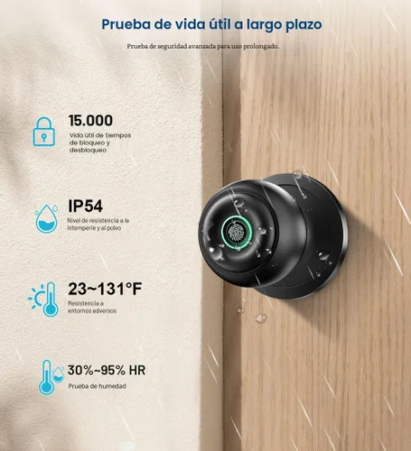 Miniatura 3 de Cerradura de puerta por huella dactilar, perilla de puerta inteligente con cerradura, perilla de puerta biométrica con aplicación y llave, cerradura