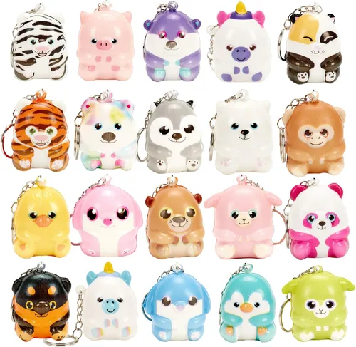 Paquete de 20 llaveros de animales esponjosos, juguetes para fiestas, mini animales, alivio del estrés, juguetes para apretar, regalo de cumpleaños,