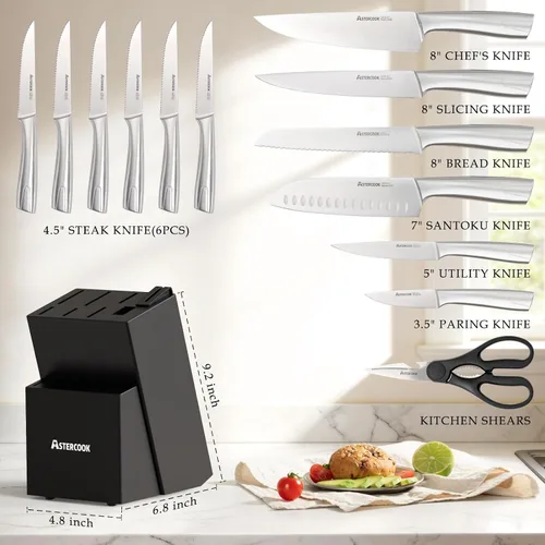 Miniatura 2 de Astercook Juego de Cuchillos de Cocina con Bloque y Afilador Full Tang 15 Piezas Cuchillos de Acero Inoxidable Premium Aptos para Lavavajillas Juego