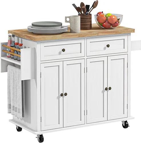 HOMCOM Carrito de Isla de Cocina con Superficie de Madera de Caucho, Mesa de Isla de Cocina Rodante sobre Ruedas con Cajones, Estantes Ajustables,