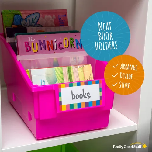 Miniatura 6 de Really Good Stuff Contenedores de Biblioteca para Libros de Capítulos con Divisores, 8¾ pulgadas x 13½ pulgadas x 7¾ pulgadas - Paquete de 4, Neón