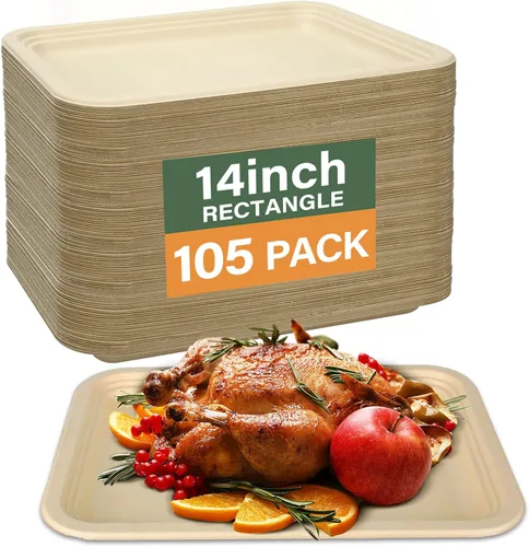 Miniatura 9 de Paquete de 10 platos de comida, platos de papel rectangulares, aptos para microondas, a prueba de remojos, resistentes a cortes, compostables