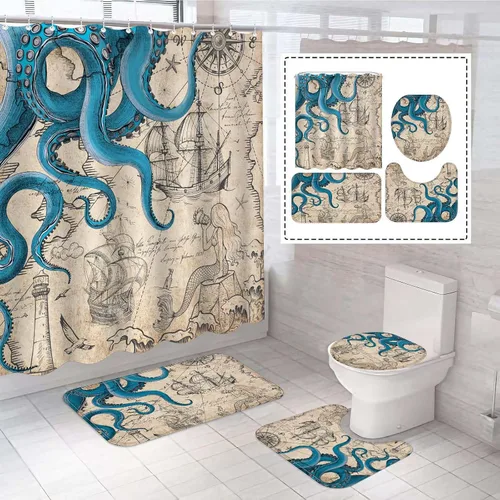 Miniatura 9 de Fungarth Juego de 4 cortinas de ducha de bosque brumoso negro y blanco con alfombra, juegos de baño de montaña con cortina de ducha de tela