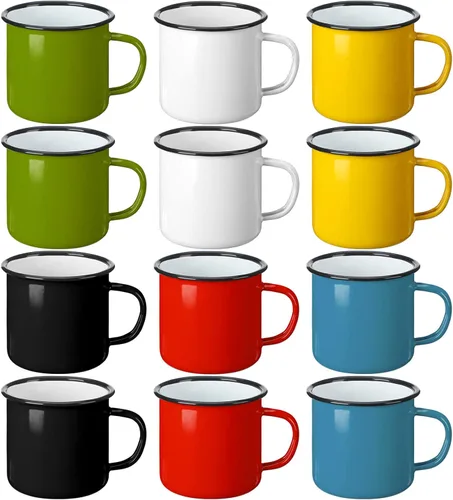 Yinder Paquete de 12 tazas de café esmaltadas de 12 onzas con asa, tazas de café portátiles para campamento, tazas de metal vintage a granel para