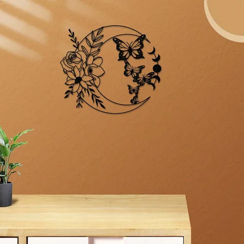 Miniatura 4 de ruelen Decoración de pared de metal con diseño de mariposa y luna, arte de pared bohemio floral para colgar en la pared en el hogar