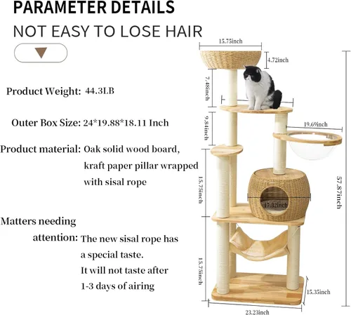 Miniatura 6 de Torre de árbol para gatos grande y moderna de 59 pulgadas, torre para gatos, postes rascadores cubiertos de sisal para gatos de interior, árbol