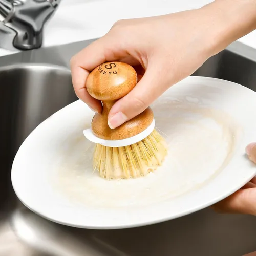 Miniatura 6 de SUBEKYU Cepillo para platos de bambú, cepillo para lavar platos de cocina, cepillo de madera natural para limpiar platos, sartenes/ollas, raspador 1