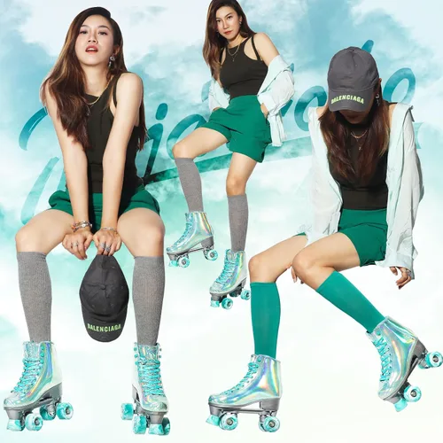 Miniatura 4 de JajaHoho Patines roller para mujeres, patines holográficos, patines de cuatro ruedas de doble fila brillantes para niñas al aire libre (verde)