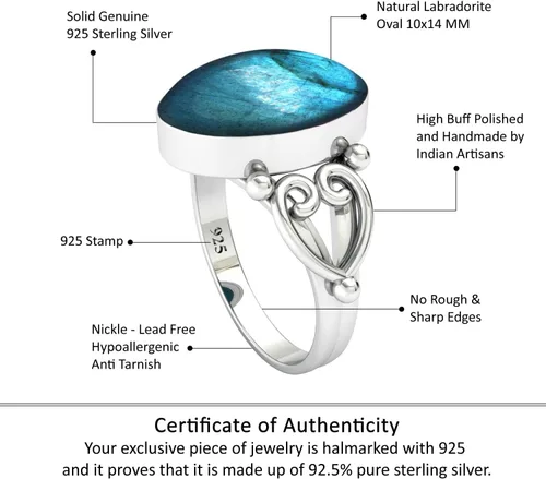 Miniatura 4 de Boho - Anillo de plata de ley 925 con piedras preciosas naturales de cuarzo rosa, perla, ámbar, lapislázuli ovalado