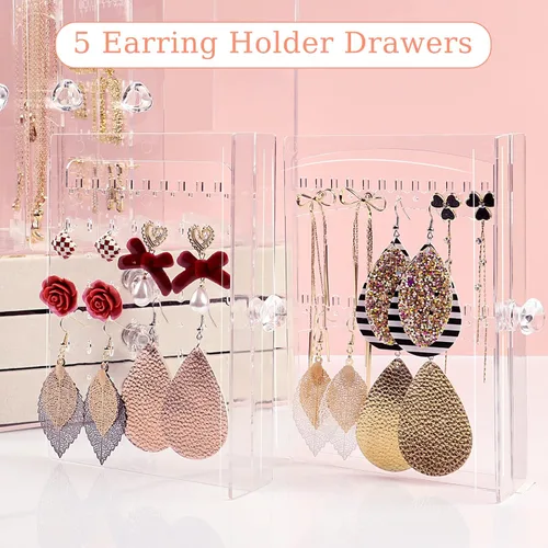 Miniatura 4 de Jenseits Acrylic Jewelry Holder, Clear Earring Organizer with 3 Drawers, Velvet Hanging Jewelry Stand Storage for Necklace Earrings Ring Bracelet