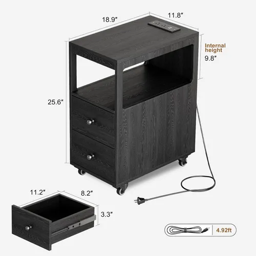Miniatura 2 de Mesa auxiliar estrecha con estación de carga y ruedas, mesa auxiliar de sofá estrecha móvil con puertos USB y salidas para espacio pequeño, sala