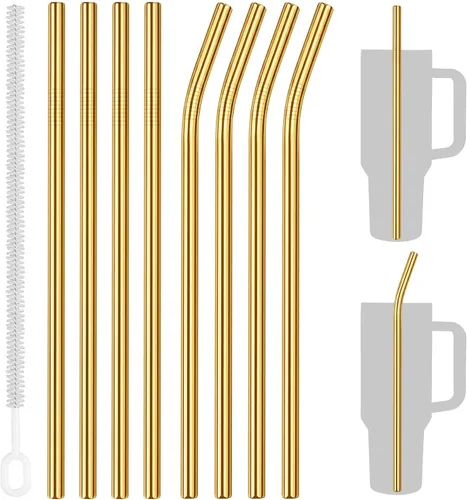 Miniatura 10 de Tomorotec Juego de 14 popotes de acero inoxidable de 11 pulgadas y 2 cepillos de limpieza con diseños curvos y rectos, compatible con vasos Stanley