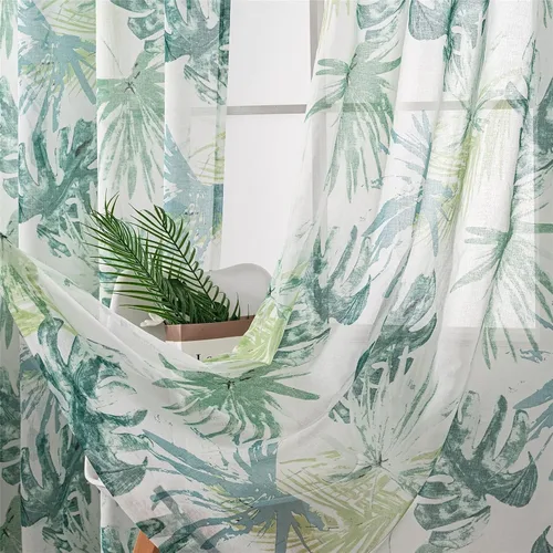 Miniatura 11 de VISIONTEX Cortinas transparentes con estampado de gasa, estilo abstracto europeo, estampado de hojas azules y amarillas, 2 paneles para decoración
