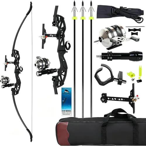 Kit combinado de pesca de arco recurvo Takedown de 53 pulgadas, 30/40 libras solo para mano derecha arco de pesca con carrete de pesca y flechas