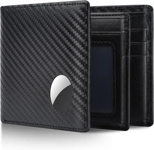 Swallowmall AirTag Billetera para hombre con bloqueo RFID, de piel auténtica, plegable, para AirTag con 1 ventana de identificación, 13 tarjeteros
