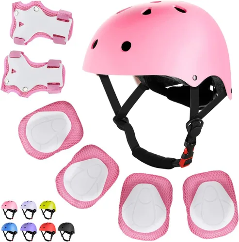 WayEee - Juego de casco de bicicleta para niños, rodilleras para patinetas, juego de almohadillas para casco, juego de equipo de protección Rosa