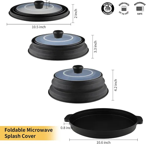 Miniatura 4 de Cubierta contra salpicaduras de microondas con bandeja de platos, cubierta de silicona para alimentos para microondas con mango antiquemaduras, tapa