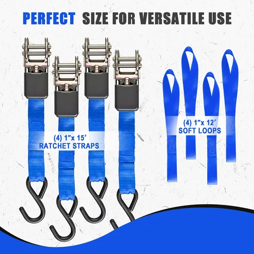 Miniatura 7 de AWELCRAFT Paquete de 4 correas de trinquete, correas de trinquete de 1 pulgada x 15 pies, resistencia a la rotura de 1500 libras con gancho en S, 4