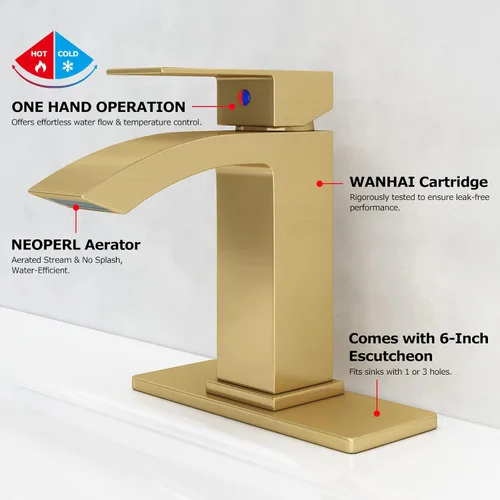 Miniatura 3 de Grifo de baño de cascada de latón con boquilla rectangular extragrande, placa de cubierta, conjunto de drenaje emergente y mangueras de suministro