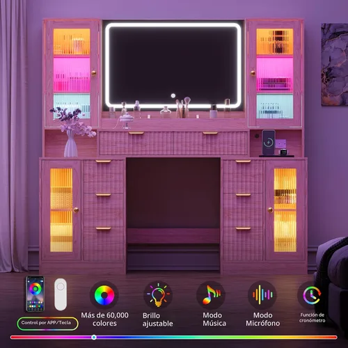 Miniatura 2 de Escritorio de maquillaje estriado con espejo y luces, tocador superior de cristal de 55 pulgadas con 8 cajones y 4 gabinetes de vidrio RGB, estantes