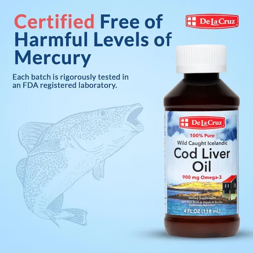 Miniatura 6 de De La Cruz Aceite de hígado de bacalao líquido puro de pescado islandés capturado en la naturaleza, rico en vitamina D y aceite de pescado Omega 3